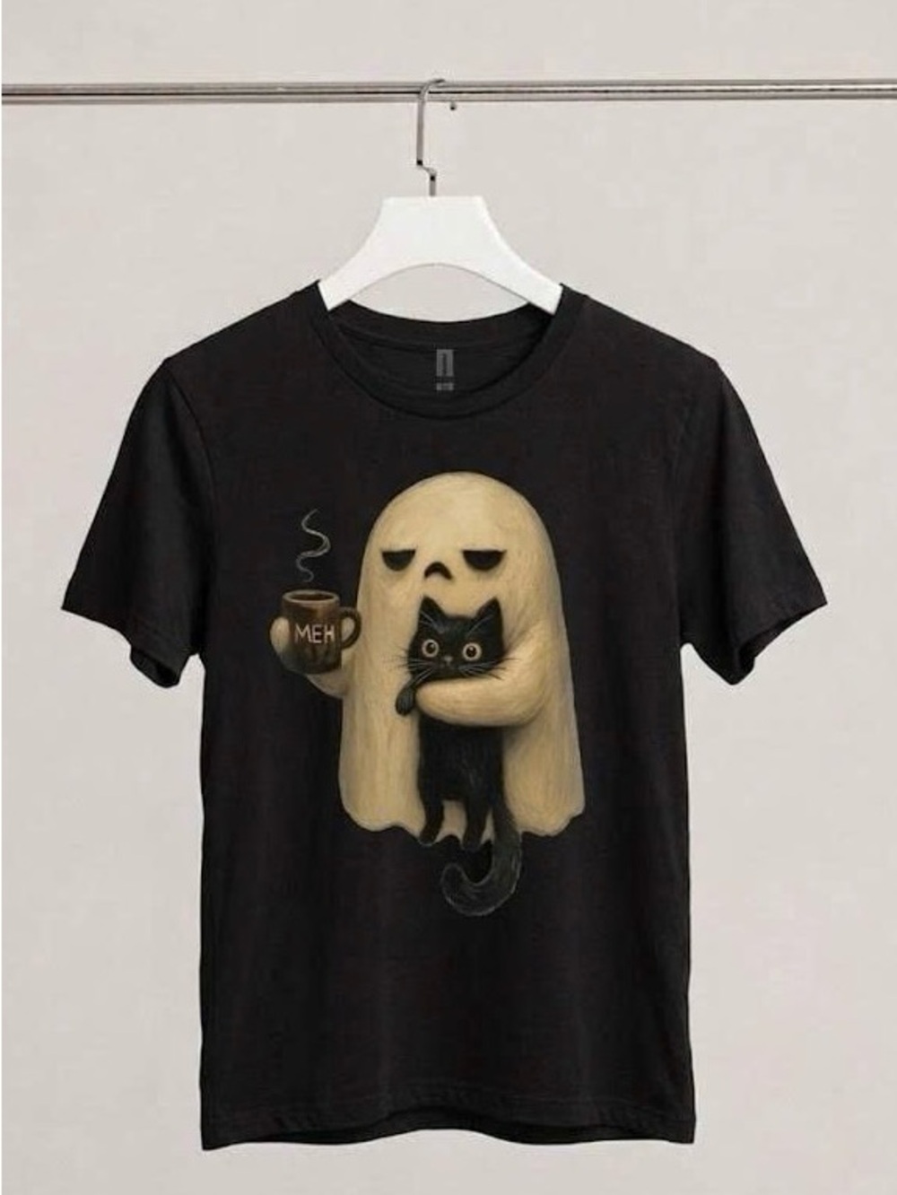 Cute Ghost Holding Black Cat Drinking Coffee Meh Halloween Graphic Tee